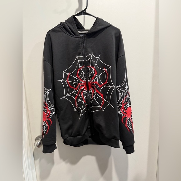 Manfinity Jackets & Blazers - Stylish Black Jacket with Red Spider Web Design
